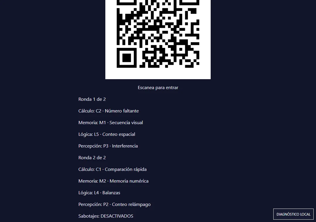 Sala Live real mostrando código y QR de una sesión local de demostración